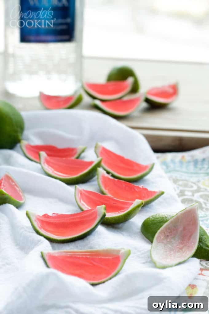 watermelon jello shots inside the rind of a lime