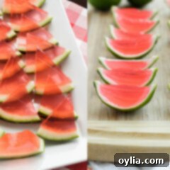 two photos side by side showing watermelon jello shots - one made with watermelon rind and the other with lime rind