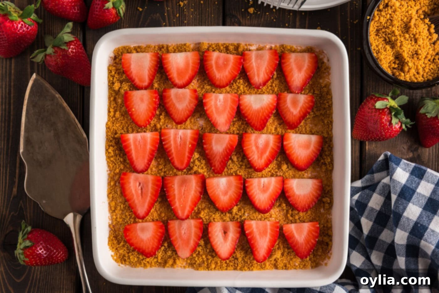 Overhead view of a finished Strawberry Dream Dessert topped with graham cracker crumbs and sliced strawberries
