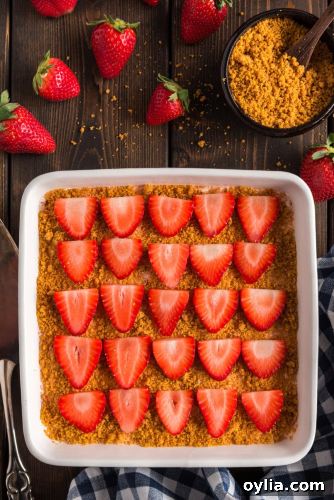 Full baking dish of Strawberry Dream Dessert, perfectly chilled and ready to be served