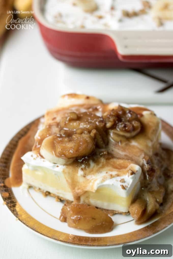 layered banana dessert with caramel banana fosters sauce