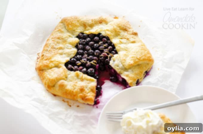 Delicious and simple Lemon Blueberry Galette, freshly baked and ready to serve.