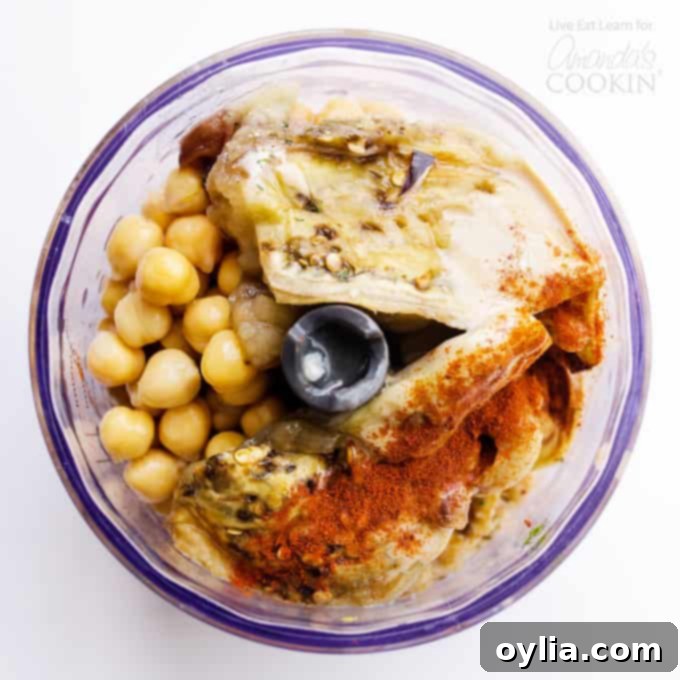 Baba Ganoush Hummus ingredients in food processor before blending