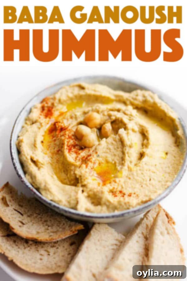 Baba Ganoush Hummus garnished with olive oil, parsley, and smoked paprika, served with pita bread and vegetables