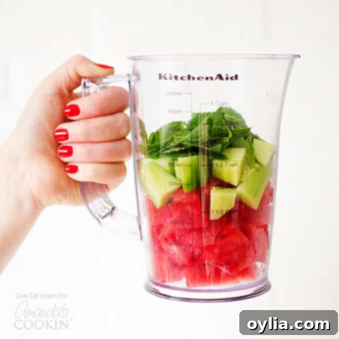 A person holding a blender filled with ingredients for a watermelon smoothie