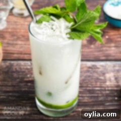 Coconut Mojito Bliss 9 Close-up of a Coconut Mojito garnished with fresh mint and toasted coconut flakes, highlighting its tropical appeal.