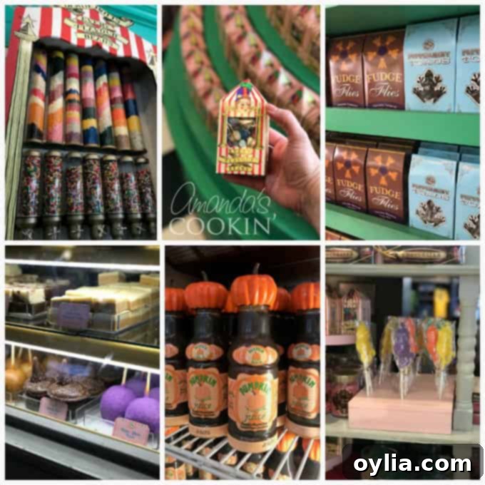Universal fun foods - Bertie Bott's beans, peppermit frogs, fudge flies, witch hat cupcakes, pumpkin juice, frogs on a stick