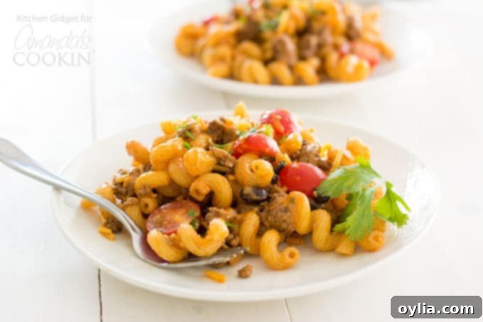A serving of Taco Pasta Salad plated on a white dish, showcasing the rich colors and textures of the ingredients.