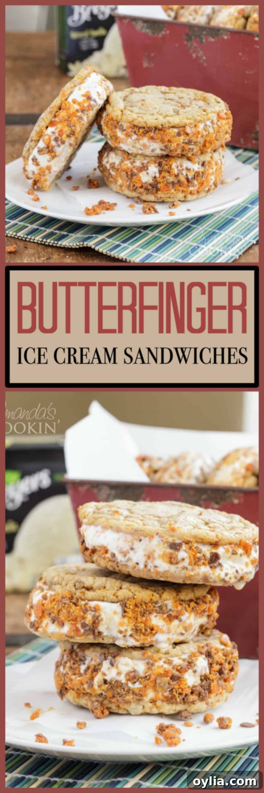 pinterest image with text butterfinger ice cream sandwiches
