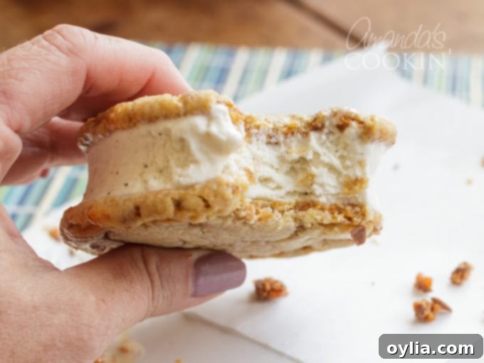 butterfinger ice cream sandwich with a bite out of it