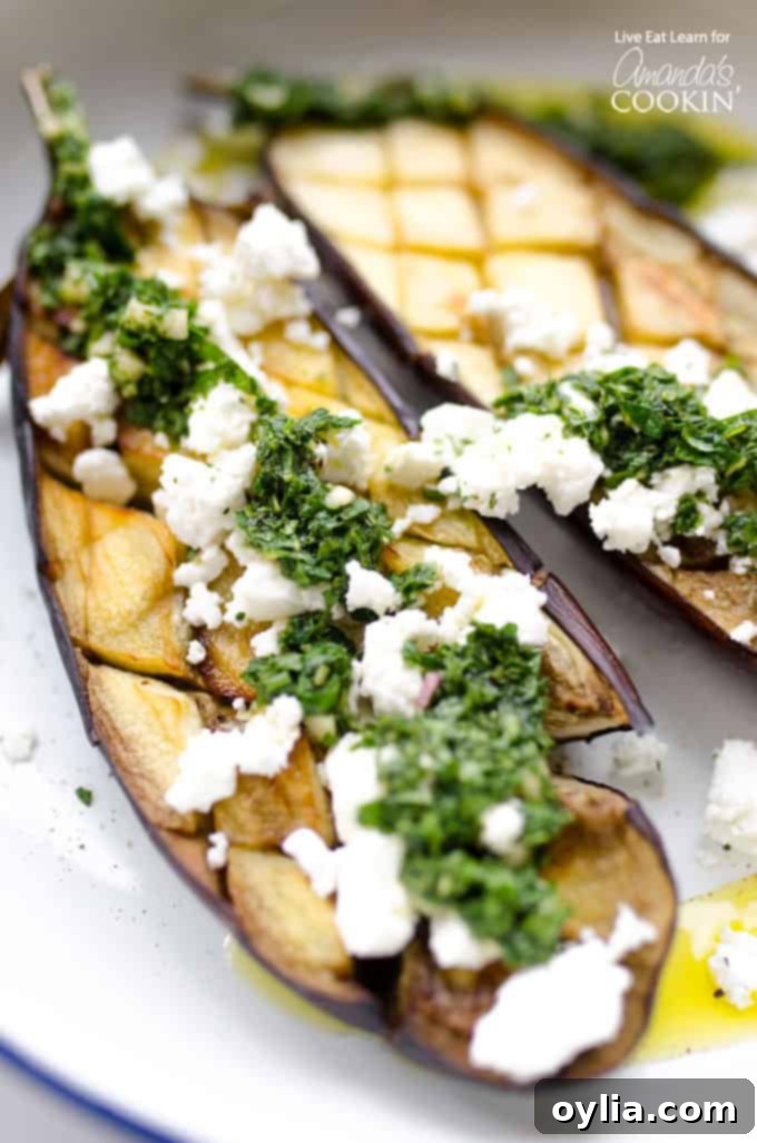 Roasted Eggplant with a fresh Minty sauce and feta