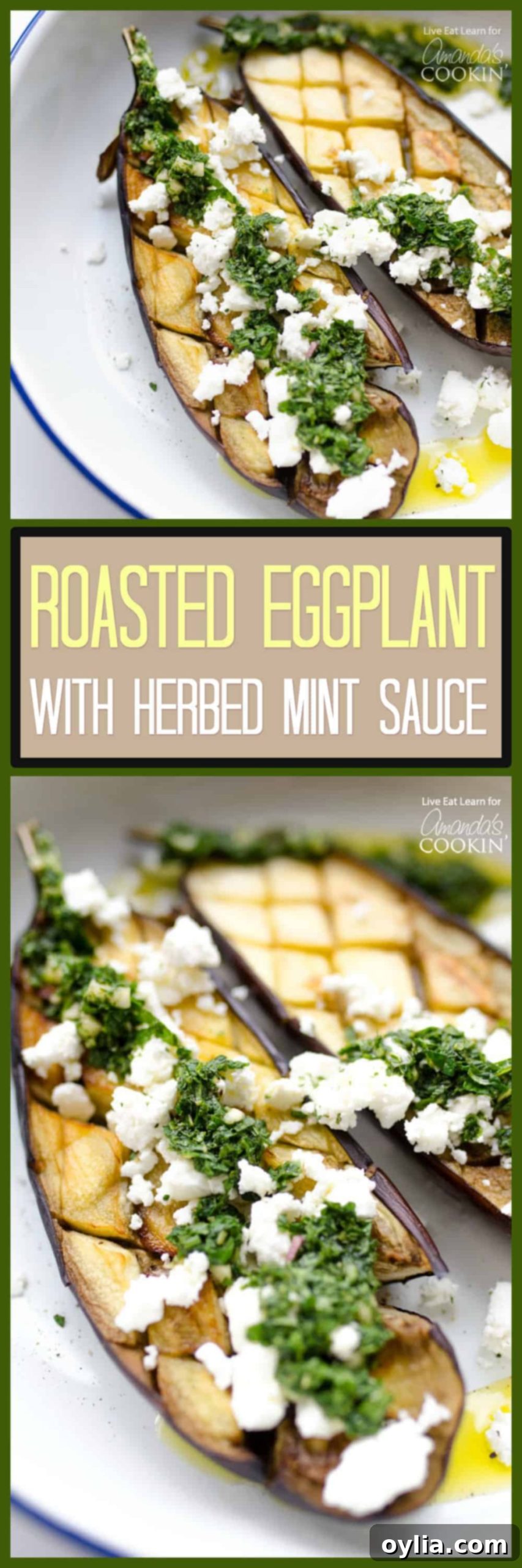 pinterest image with text - eggplant on a plate with feta cheese