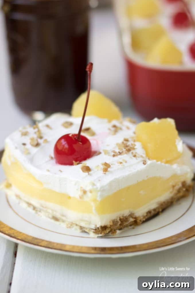 An easy one pan dessert- Banana Split Dessert close up