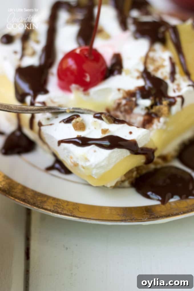 Indulge with this banana split dessert today! Slices served on plates.