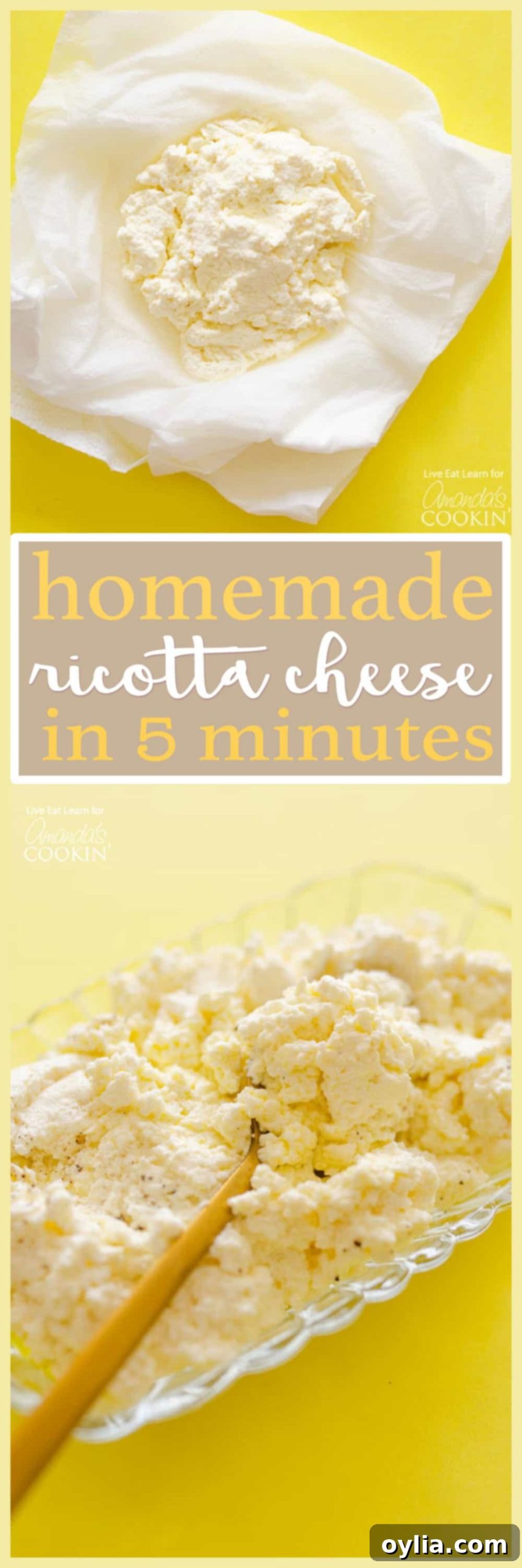 pinterest image with text for homemade ricotta, easy microwave recipe