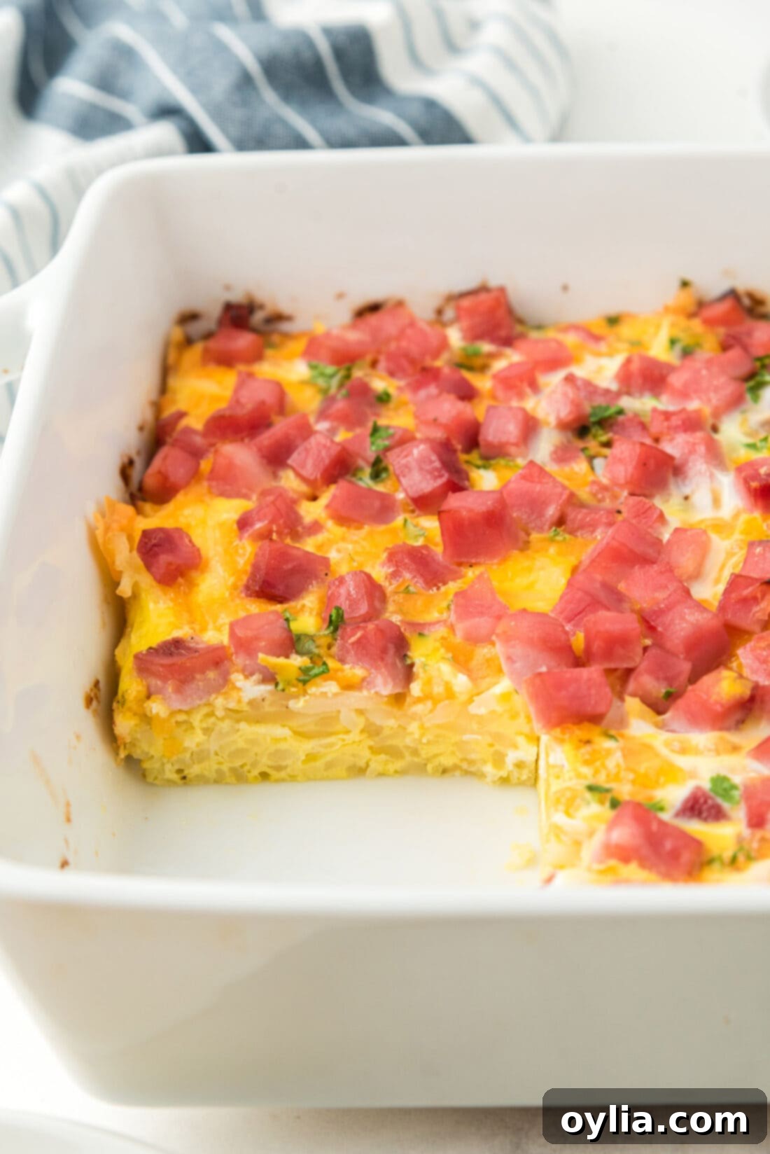 Full pan of baked Breakfast casserole with ham and cheese