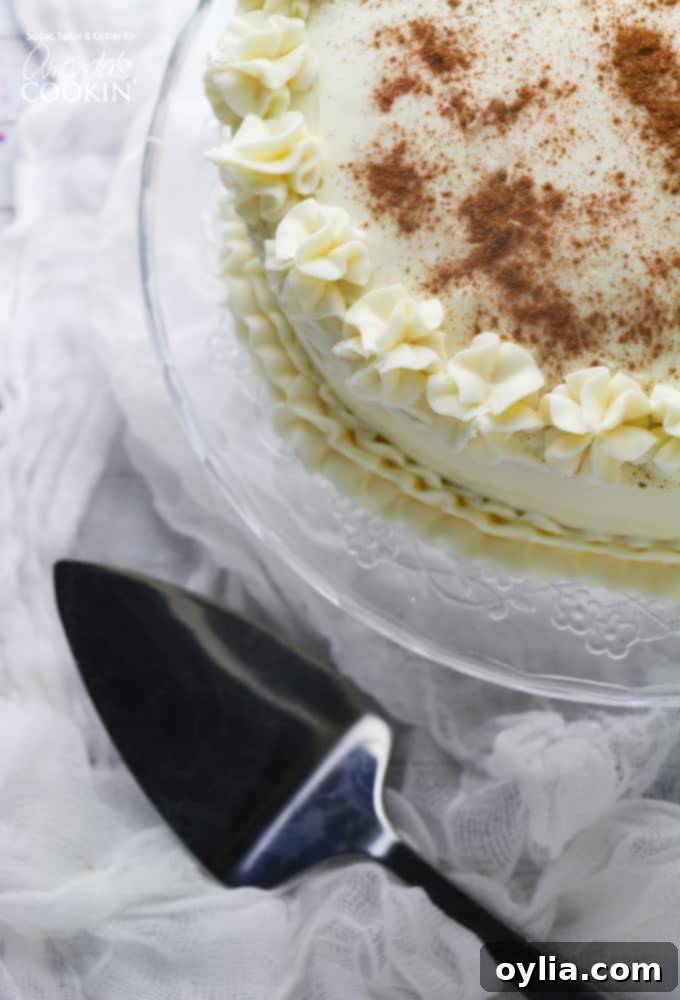 Beautifully frosted two-layer spice cake, drizzled with caramel sauce and sprinkled with cinnamon, ready to be served for a fall gathering