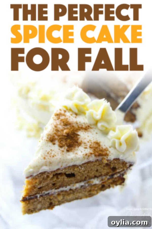 Pinterest Pin image for Spice Cake, featuring the recipe title and key ingredients like pumpkin spice, cinnamon, apple, molasses, and cream cheese frosting, with relevant hashtags.