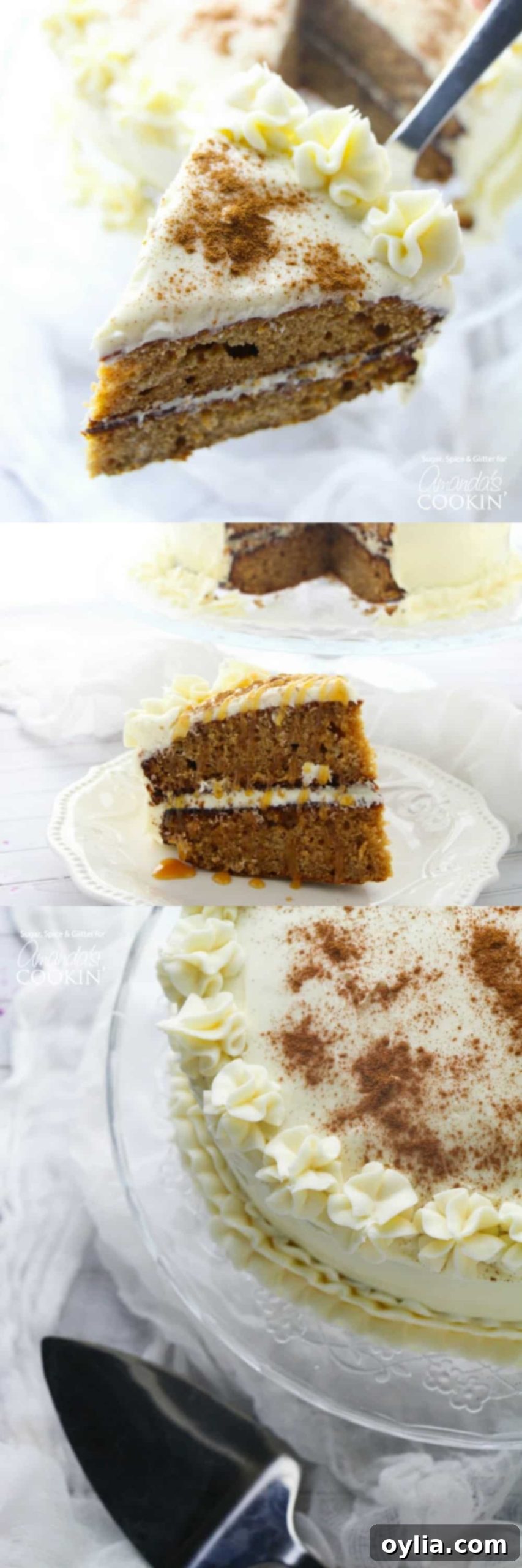 Tall Pinterest Pin image for Spice Cake Recipe, showcasing multiple enticing slices of the layered cake with frosting and toppings, including hashtags for popular fall dessert searches.