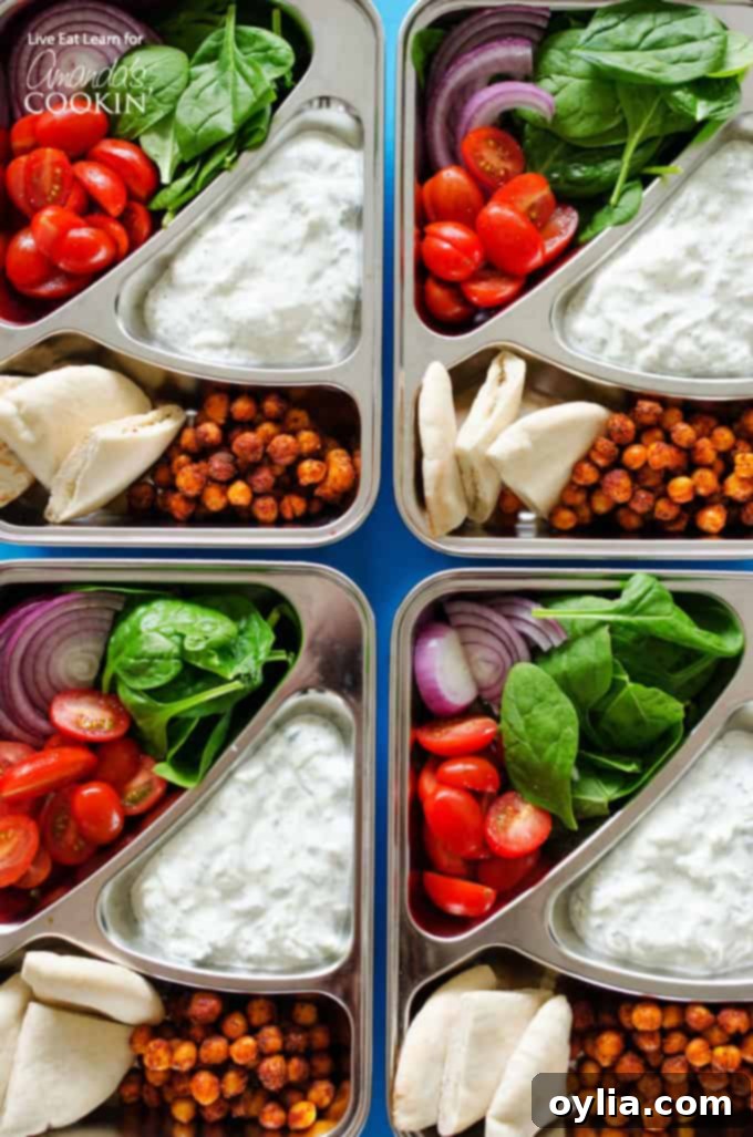 Boxes of premade chickpea gyro meals with pita bread, chickpeas, and salad