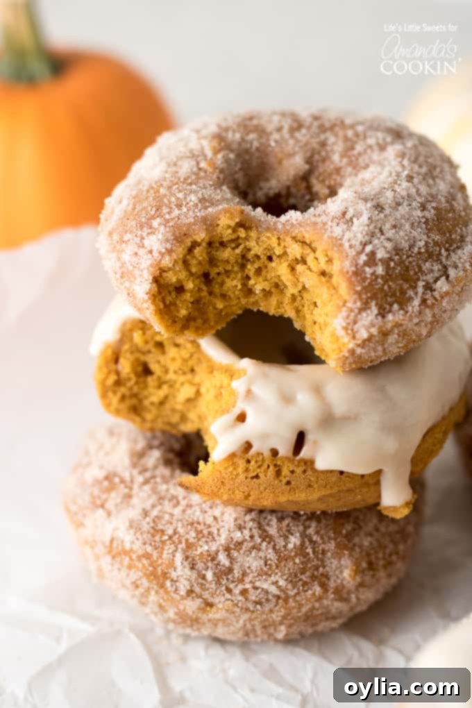 A stack of baked pumpkin donuts, one with a bite taken out, showing the moist interior.