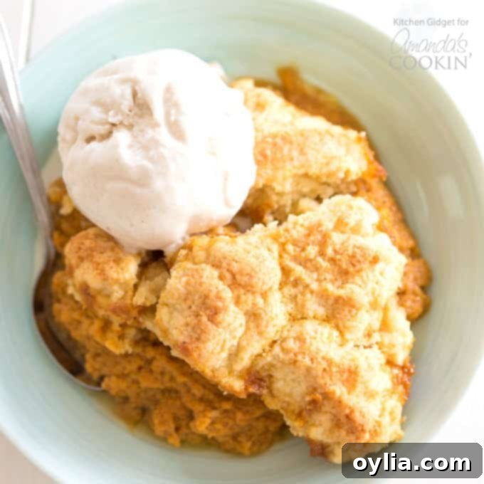A beautifully presented bowl of pumpkin cobbler, showcasing its creamy base and golden topping.