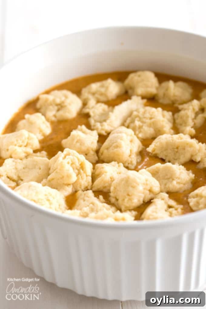 Pumpkin Cobbler step 3: Dropping spoonfuls of biscuit dough onto the pumpkin custard