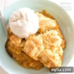 A bowl of pumpkin cobbler, garnished with a sprig of mint and a dusting of cinnamon.