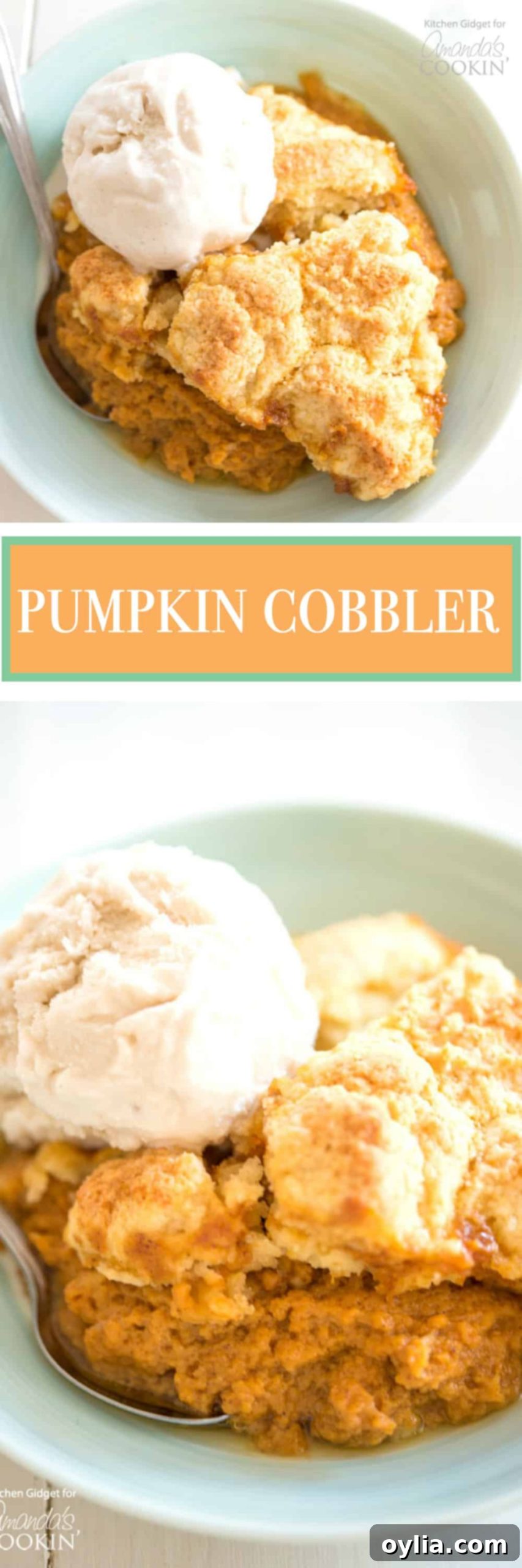 Pinterest image with text: Easy Pumpkin Cobbler for Fall & Thanksgiving