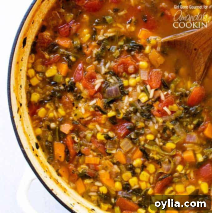 A large pot brimming with colorful vegetable rice soup