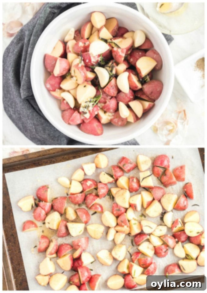 Fig. 1 shows potato mixture evenly coated in a bowl; Fig. 2 shows potatoes and whole garlic cloves spread in a single layer, cut side down, on a parchment-lined baking pan