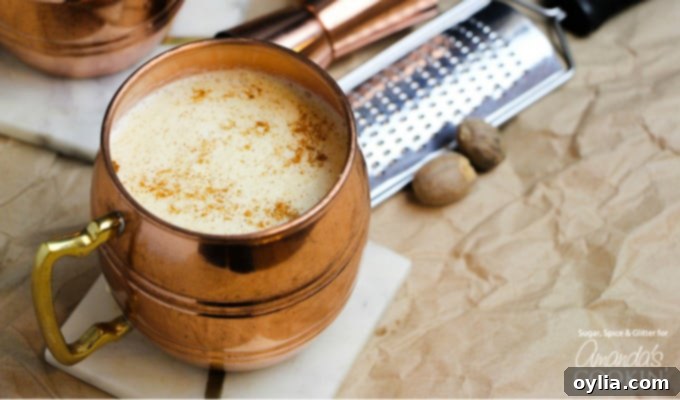 A delicious homemade eggnog drink, perfectly crafted and ready for festive enjoyment.