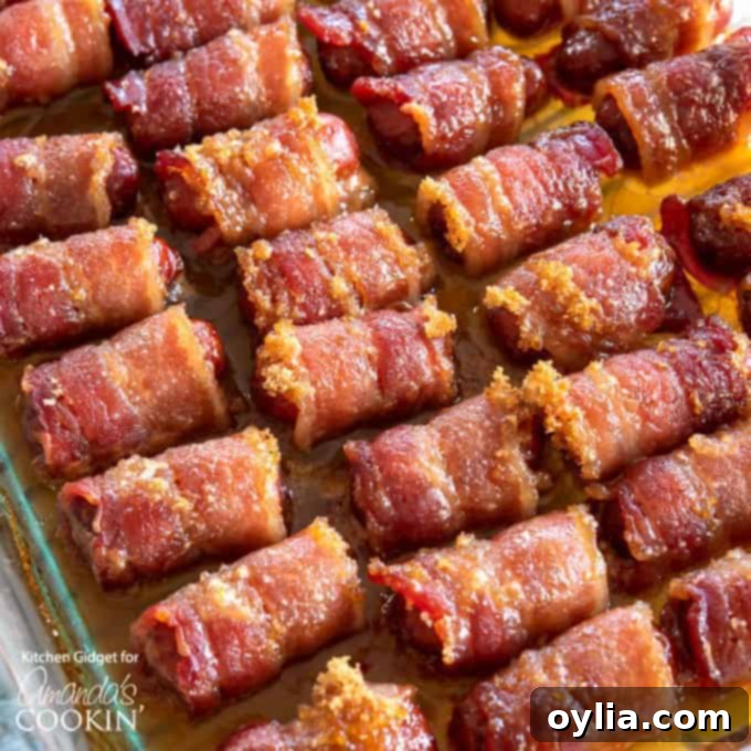 bacon wrapped smokies in a pan