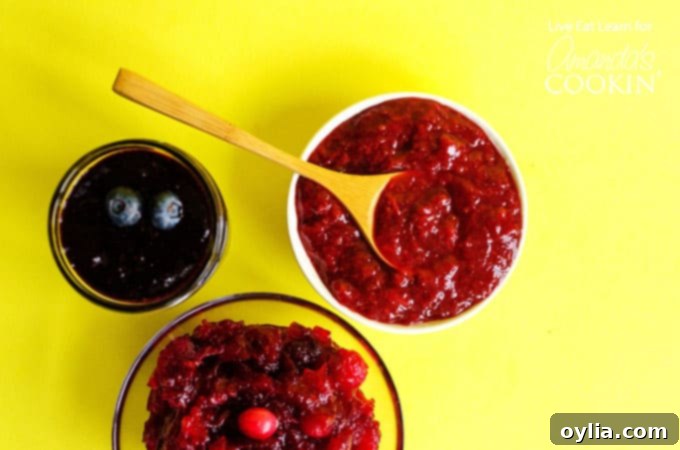 Three jars of homemade berry jam: strawberry, blueberry, and cranberry, showcasing vibrant colors and textures.