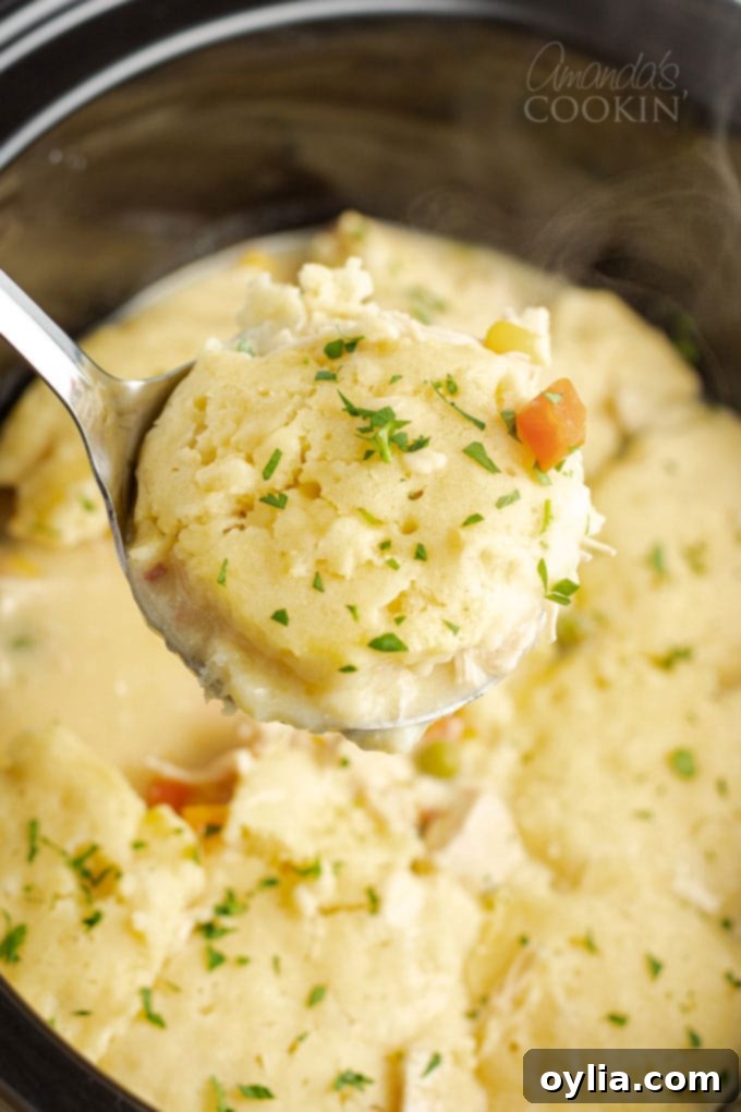 This crockpot chicken and dumplings recipe is creamy, hearty and delicious with a to-die-for gravy and the perfect balance of protein and vegetables. #crockpot #crockpotrecipes #chickenrecipes #chickenanddumplings #dumplings #souprecipes #easydinner Spoon serving chicken and dumplings from a slow cooker