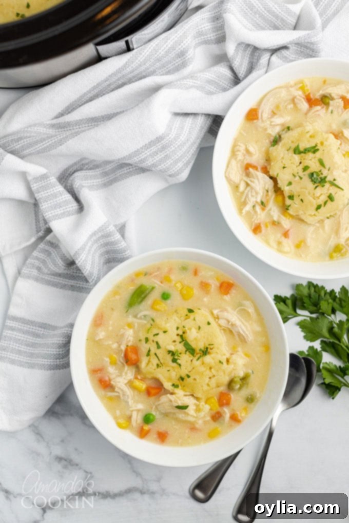 Make crockpot chicken and dumplings for a easy comforting dinner. Cook chicken breasts in broth and soup mixture, shred, add vegetables and dumplings. Two bowls of crockpot chicken and dumplings ready to eat
