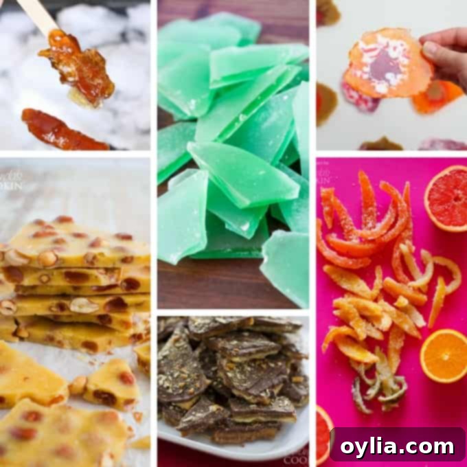 Assorted homemade hard candies, including brittle, rock candy, and colorful designs, showcasing the versatility of sugar work.