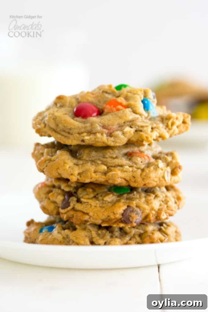 Stacked peanut butter and m&m's monster cookies