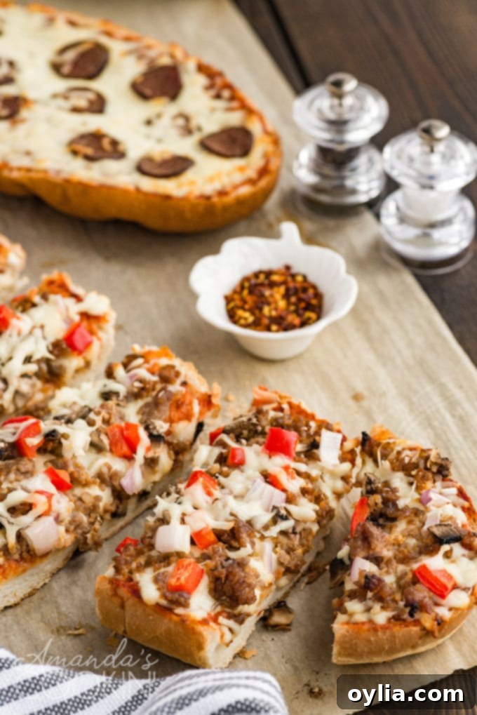 Delicious slices of French bread pizza, ready to eat.
