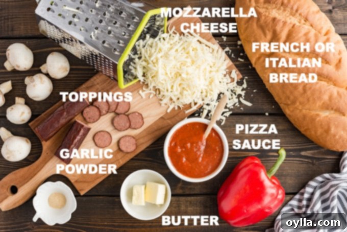 Array of ingredients including French bread, cheese, pepperoni, and sauce, ready for French bread pizza assembly.