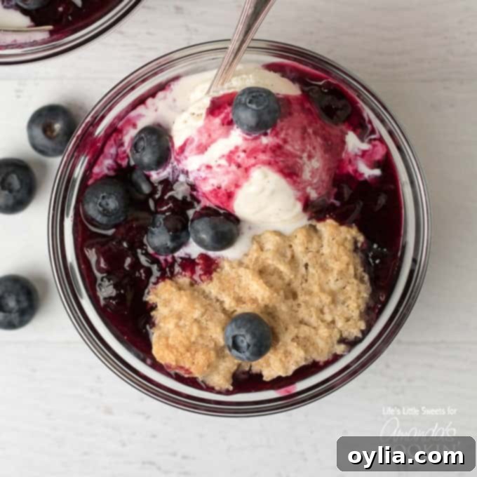 A bowl of warm blueberry cobbler with a scoop of melting vanilla ice cream