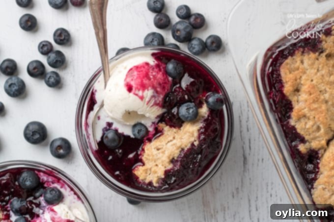 A full baking dish of blueberry cobbler, golden and ready to serve