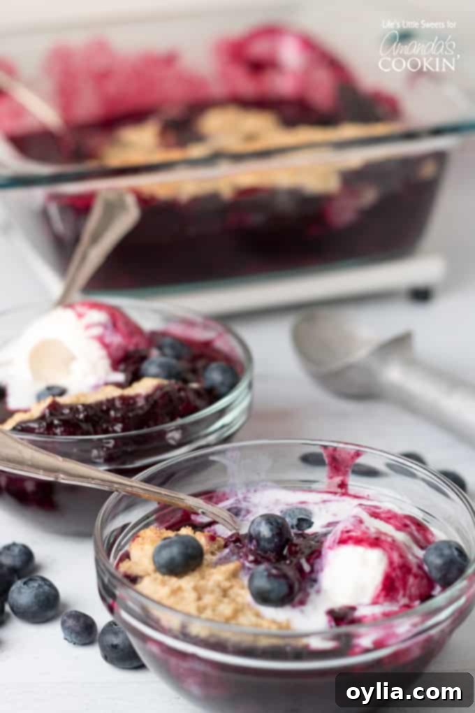 Close-up of a rustic blueberry cobbler, showcasing the texture and rich color