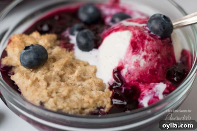 A slice of blueberry cobbler with a dollop of whipped cream, on a white plate