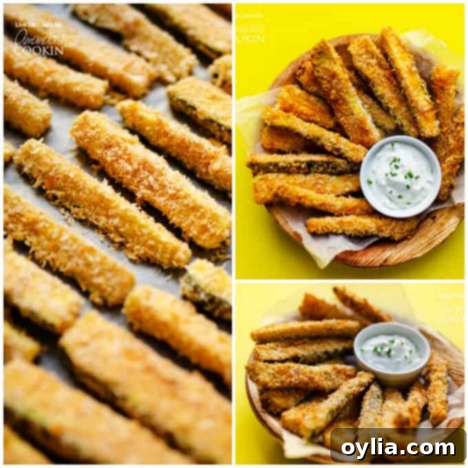 Close-up of golden and crispy baked zucchini fries, showcasing their appealing texture.