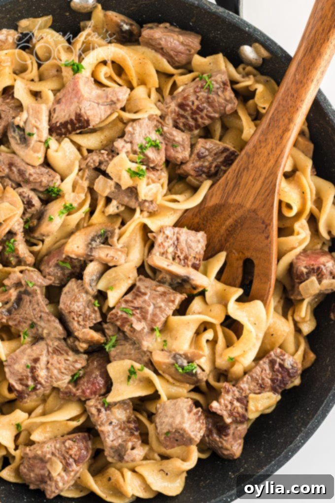 This classic beef stroganoff recipe from scratch features tender slices of steak and savory mushrooms smothered in creamy brown gravy that's ready in 30 minutes! #beefrecipes #beefstroganoff #pasta #pastarecipes #dinnerrecipes #mushrooms #skillet #skilletdinners #easydinnerrecipes #noodles Pan of creamy beef stroganoff with a wooden spoon, ready to serve over egg noodles.