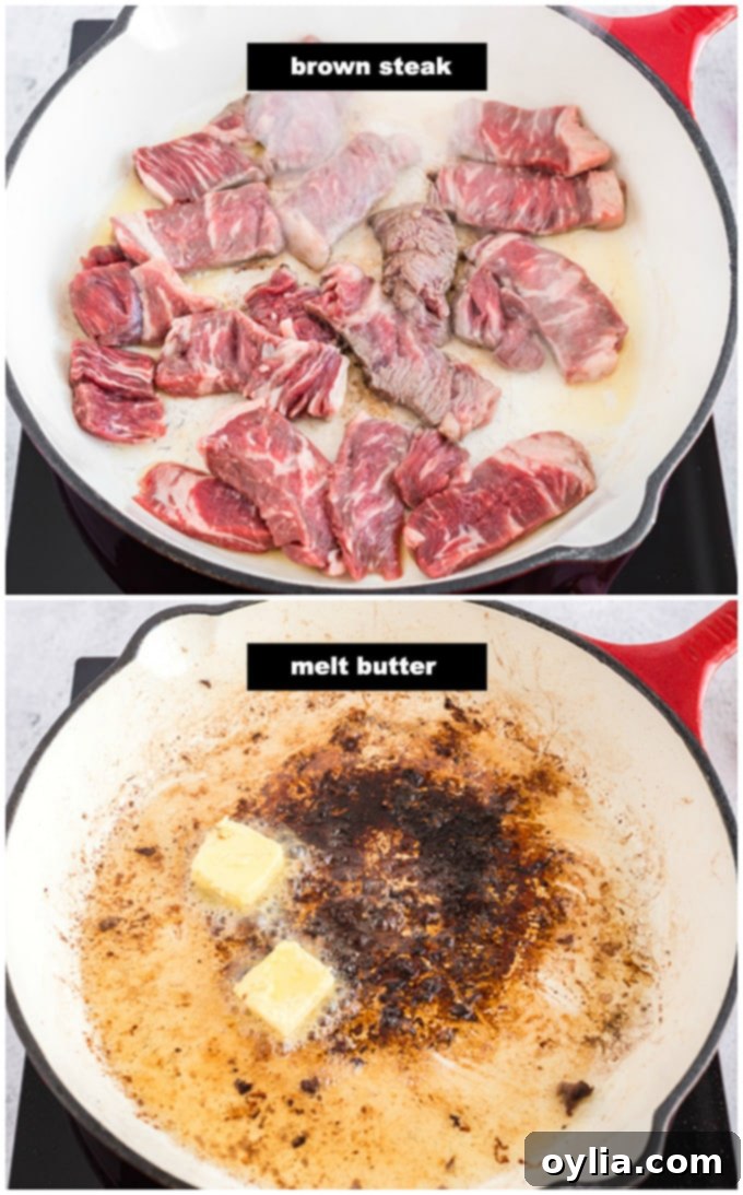 This classic beef stroganoff recipe from scratch features tender slices of steak and savory mushrooms smothered in creamy brown gravy that's ready in 30! #beefrecipes #beefstroganoff #pasta #pastarecipes #dinnerrecipes #mushrooms #skillet #skilletdinners #easydinnerrecipes #noodles Browning steak in a hot skillet, showing the initial step of searing the beef for flavor.