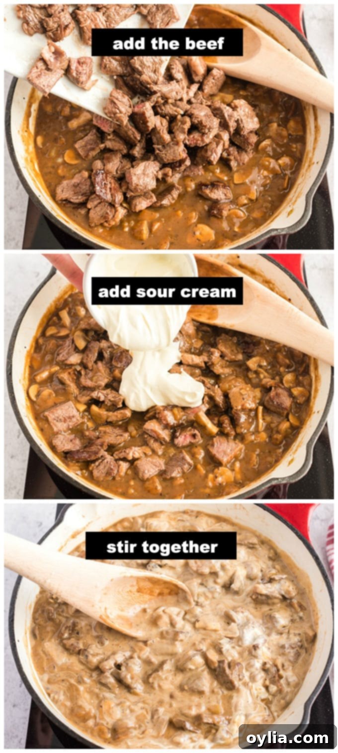 Classic Beef Stroganoff 3 Adding browned beef and sour cream into the creamy mushroom and onion gravy in the skillet, completing the stroganoff.