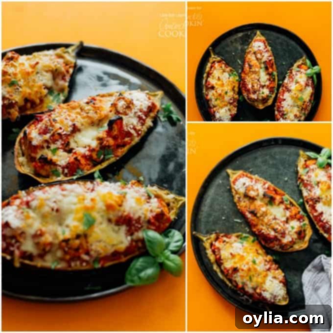 A four-panel collage showing the preparation of Stuffed Eggplant Parmesan, from scoring and scooping the raw eggplant to the final golden-brown baked product.