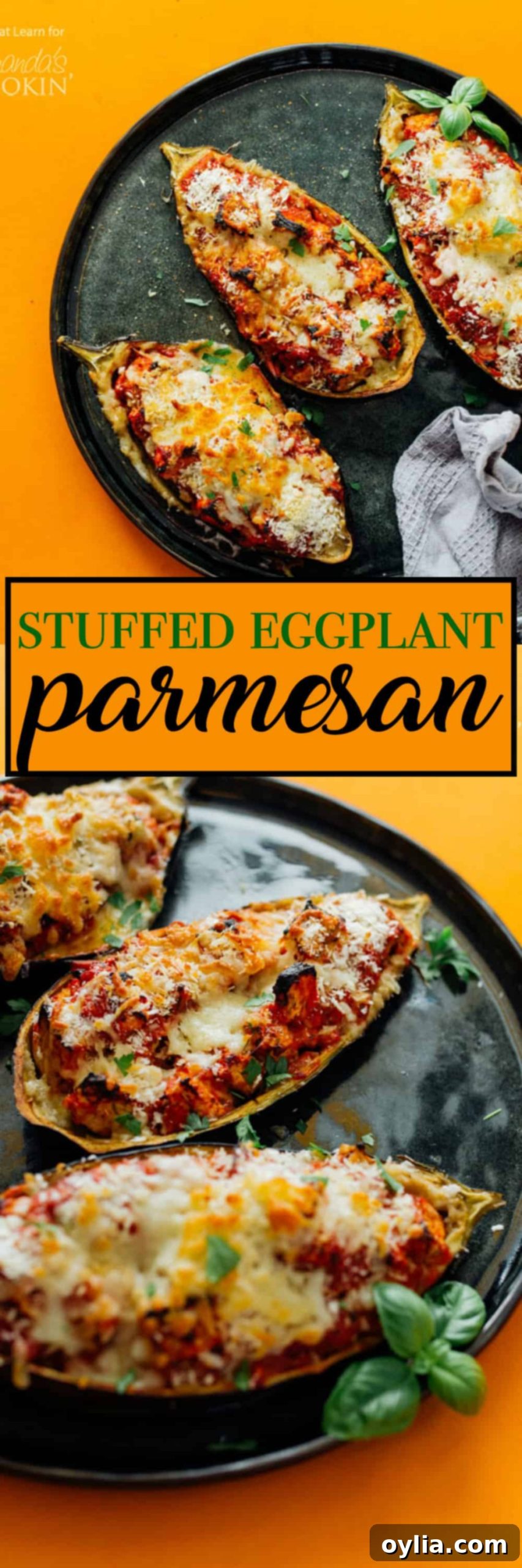 Stuffed Eggplant Parmesan Bake 7 pinterest image that says stuffed eggplant parmesan